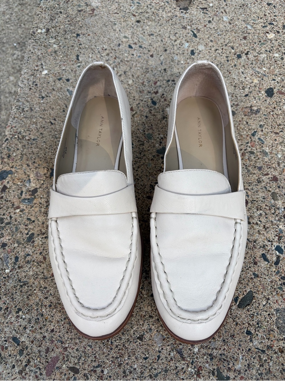 Ann Taylor Cream Leather Penny Loafers - Neutral Slip-On Flats